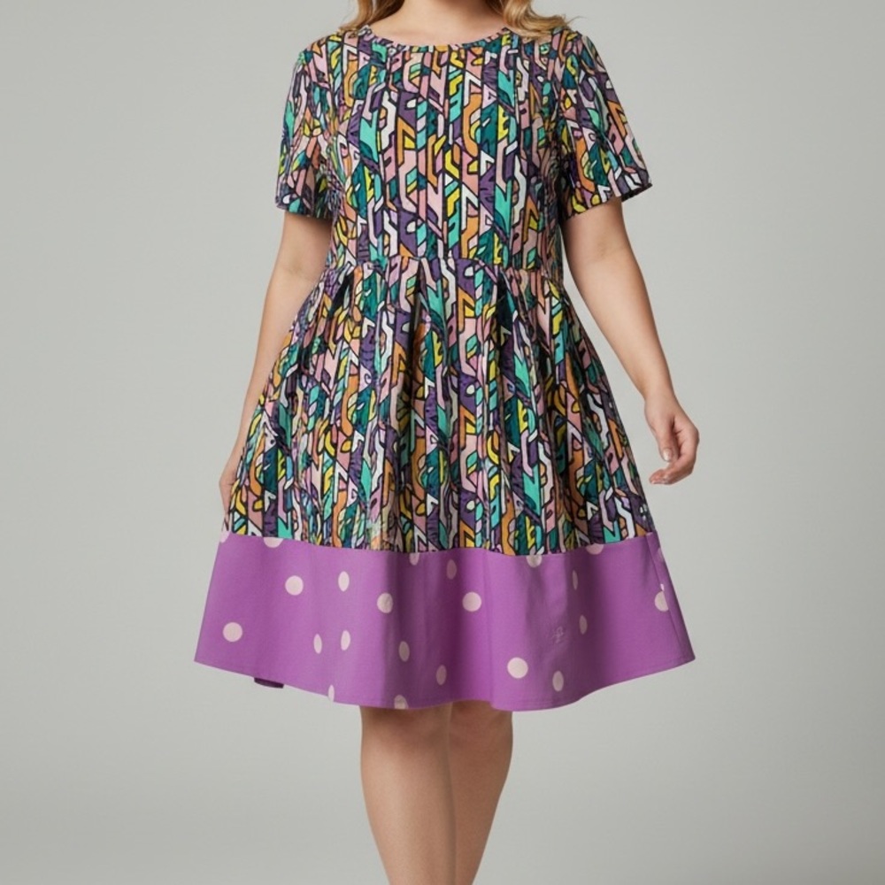 LulaRoe Purple/Pink Geometric Fitted Waist Knee Length Whimsical Flare Dress 3XL